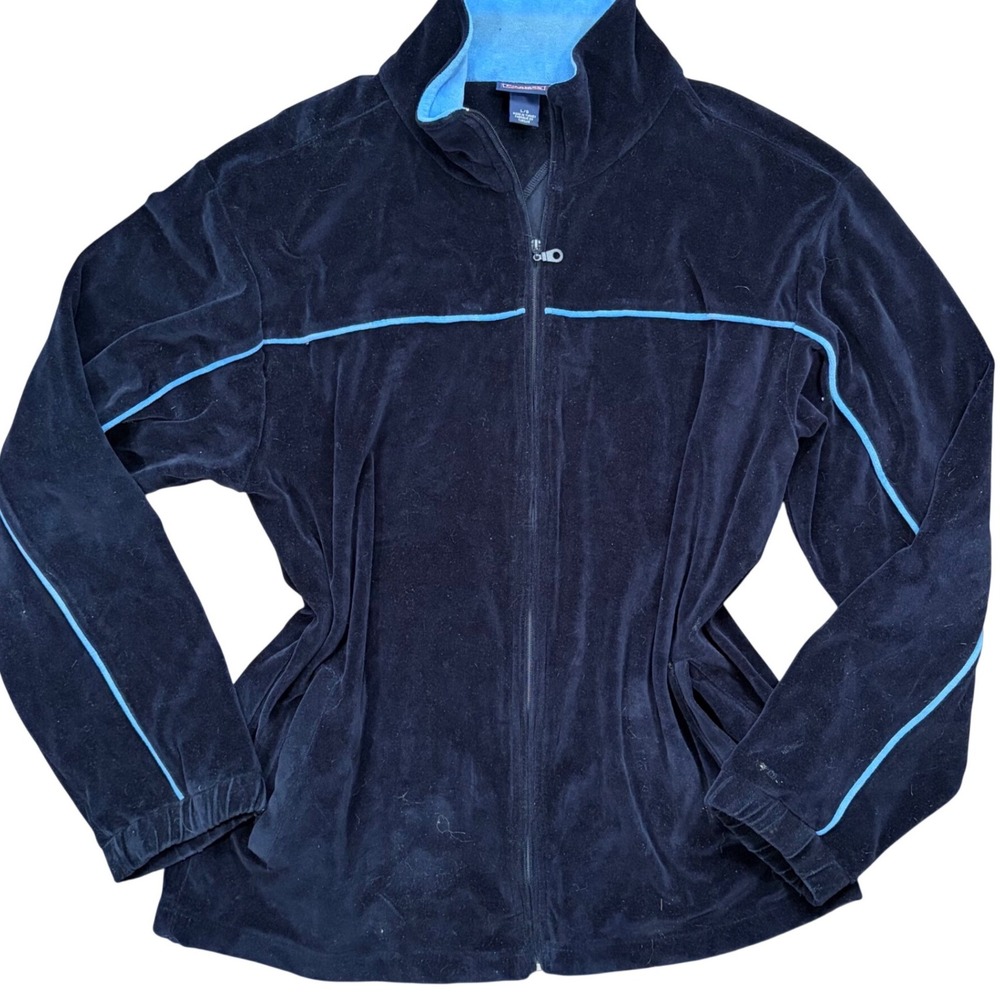 Champs Sports Mens Velour Track Jacket Navy Blue Light Blue Trim Full Zip Large